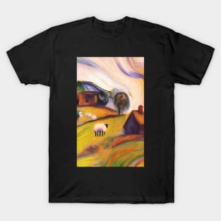 colourful oil painting of a farm with sheep T-Shirt